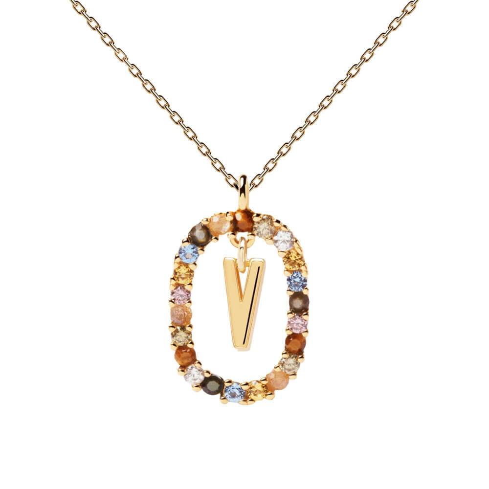 Collier PDPaola Lettre V argent plaqué or et pierres précieuses - PRECIOVS