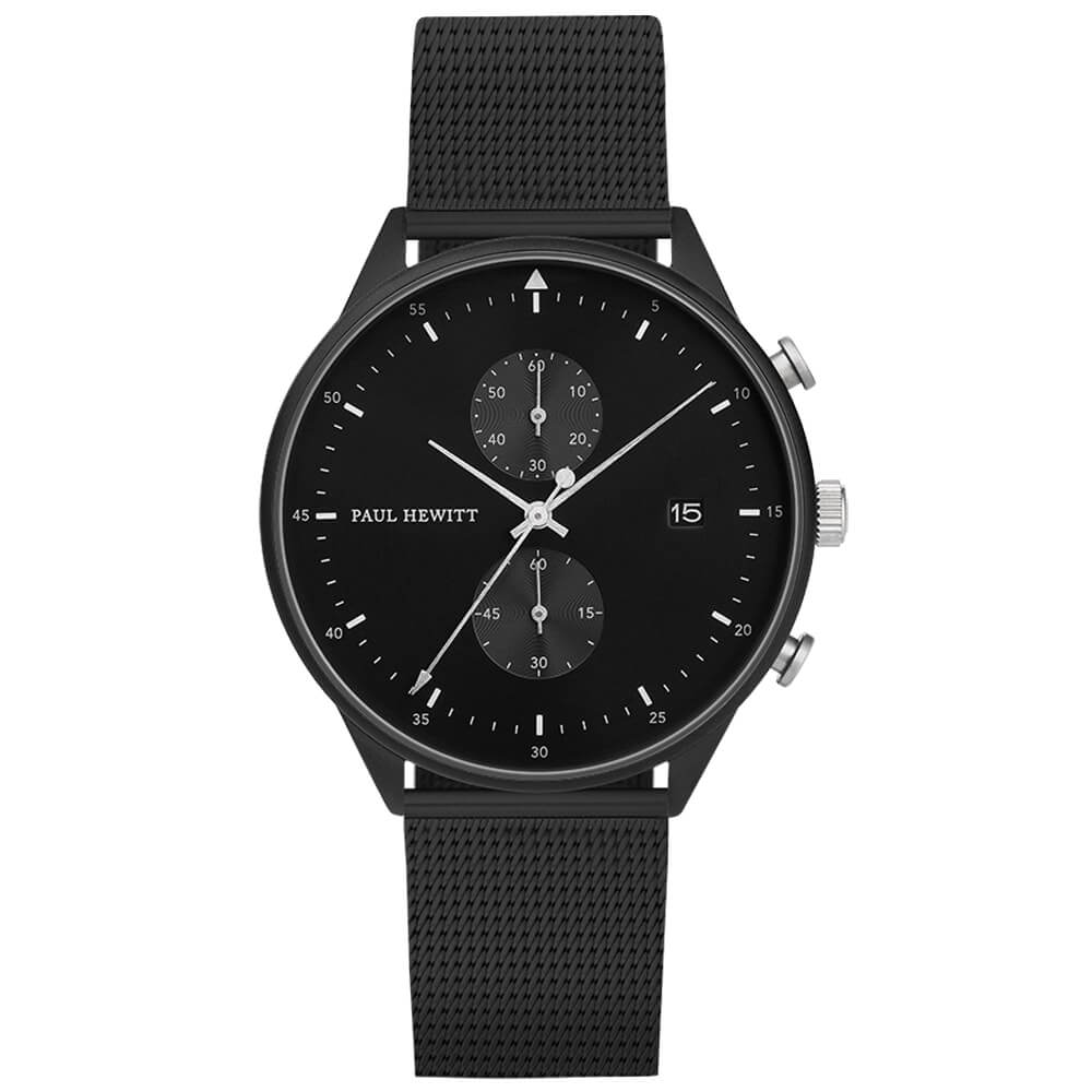 Montre Paul Hewitt Chrono Line Black Sunray IP Noir/Acier Inoxydable Bande Métallique Noir - PRECIOVS