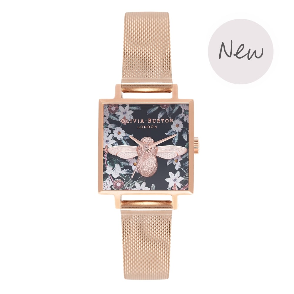 Montre Olivia Burton BEJEWELLED FLORALS SQUARE DIAL 3D BEE ROSE GOLD MESH OB16AM134 - PRECIOVS