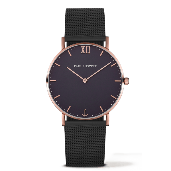 Montre Paul Hewitt Sailor Line Blue Lagoon IP Or Rosé Bande Métallique IP Noir Cadran 39mm PH-SA-R-St-B-5M - PRECIOVS