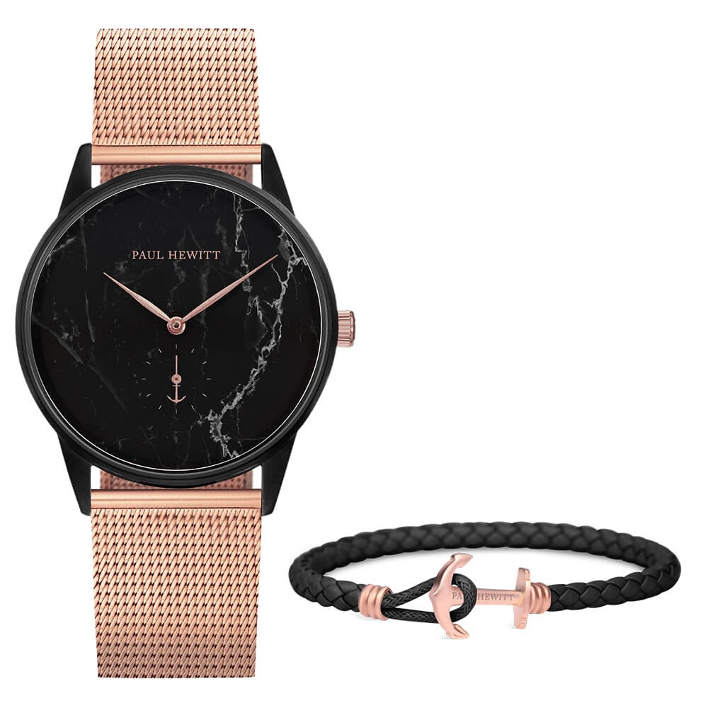Coffret Paul Hewitt Perfect Match avec montre Signature Line Noir Marble et bracelet PHREP Lite IP Or Rosé Mat Noir - PRECIOVS
