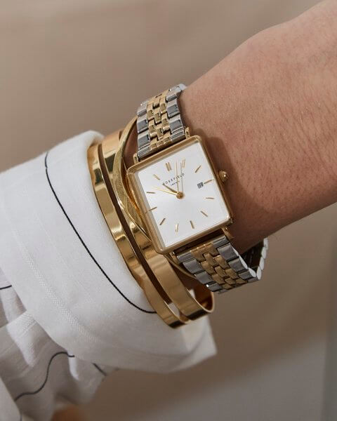 Montre Rosefield THE BOXY Duotone Blanc Sunray Or Jaune Argent QSVGD-Q013 - PRECIOVS