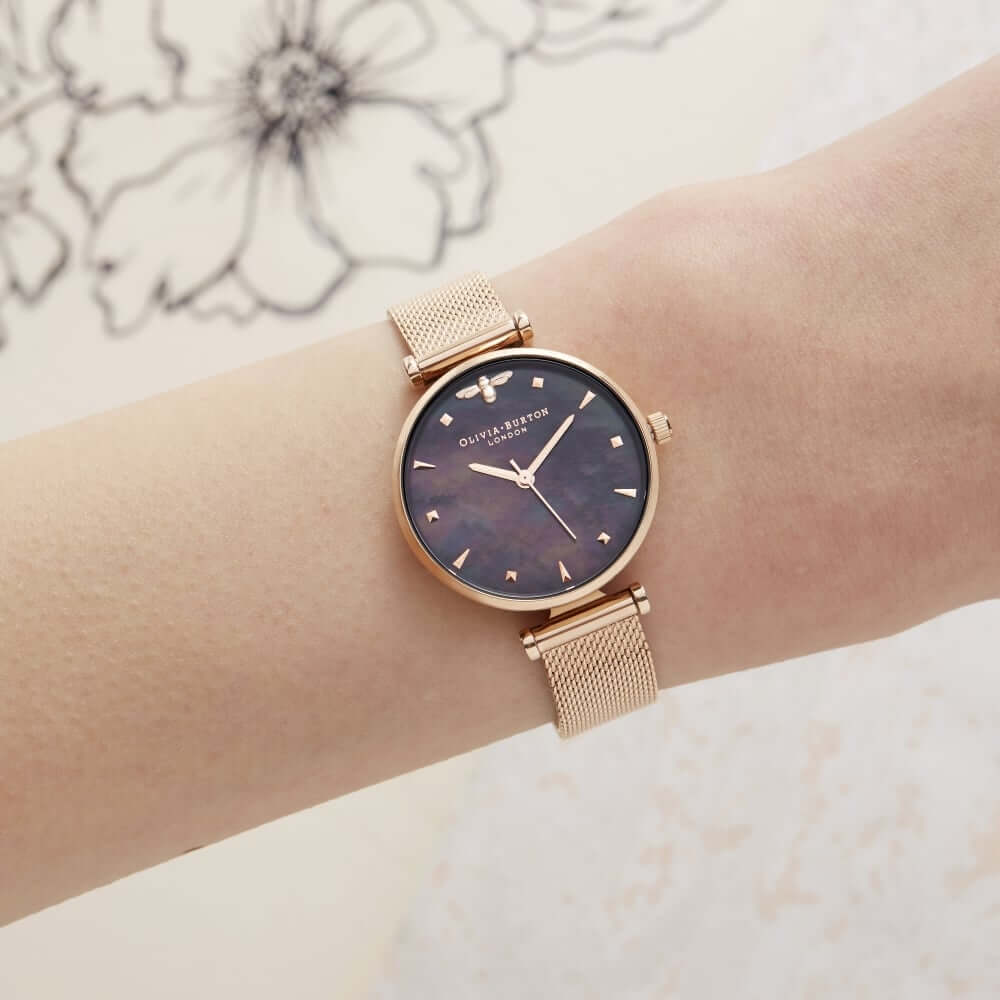 Montre Olivia Burton Queen Bee Black Mother of Pearl Rose Gold Mesh OB16AM145 - PRECIOVS