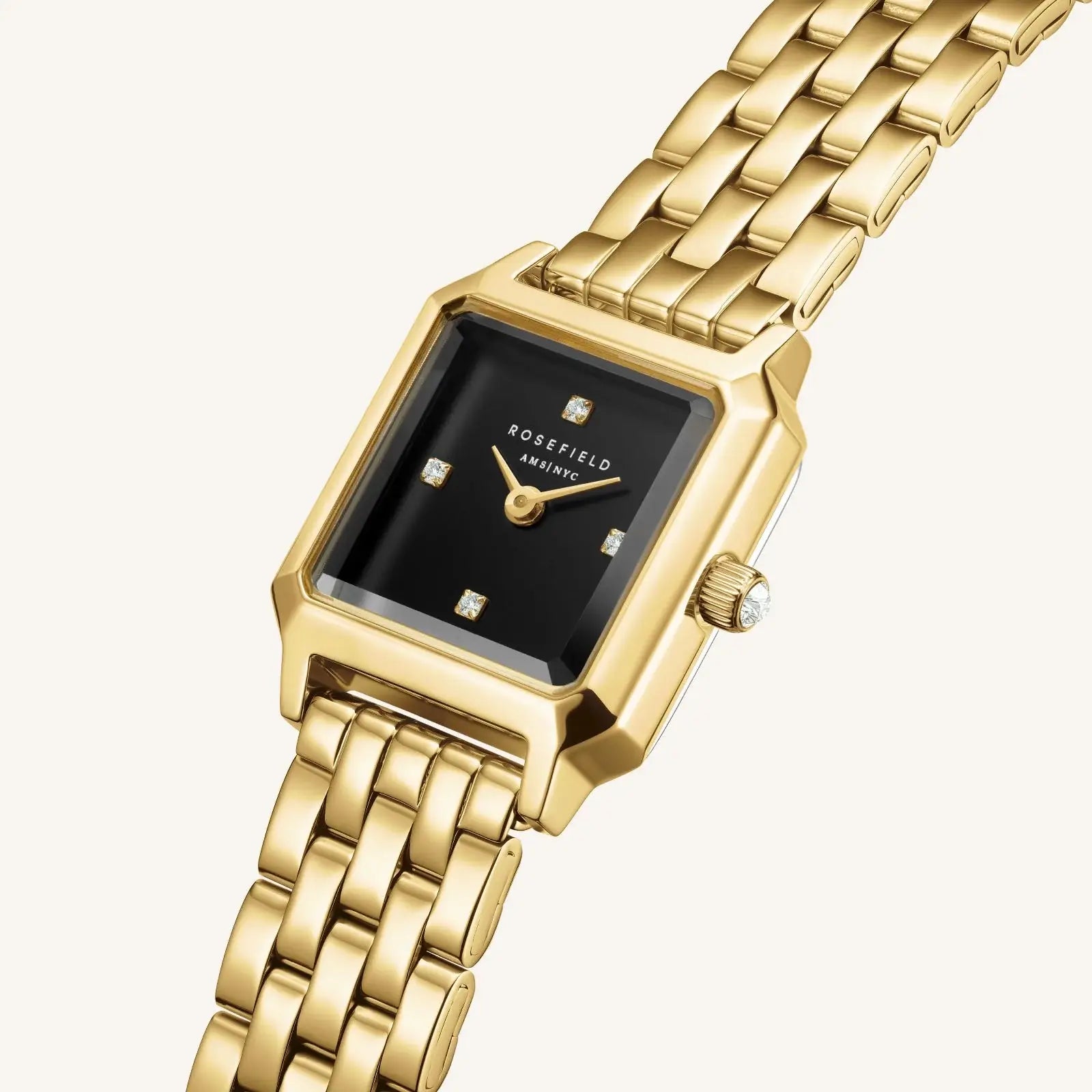 Montre Rosefield Boxelle Or Cadran Noir 4 Cristaux B08
