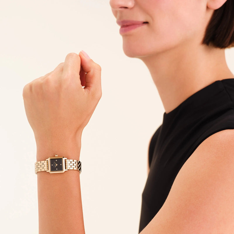 Montre Rosefield Boxelle Or Cadran Noir 4 Cristaux B08