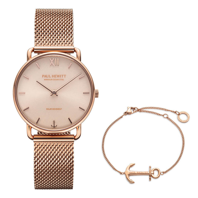 Coffret Paul Hewitt avec Montre Solaire Sailor 33 mm Montre et Bracelet The Anchor Or Rose - PRECIOVS