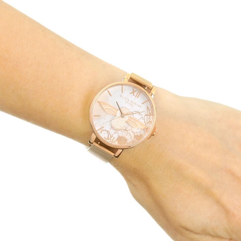 Montre Olivia Burton Big Dial 3D Bee Abstract Florals Rose Gold Mesh OB16VM26 - PRECIOVS