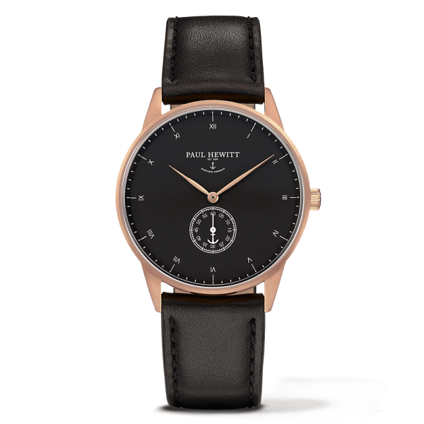 Montre Paul Hewitt Signature Line Black Sea IP Or Rosé Bracelet Cuir Noir PH-M1-R-B-2M - PRECIOVS