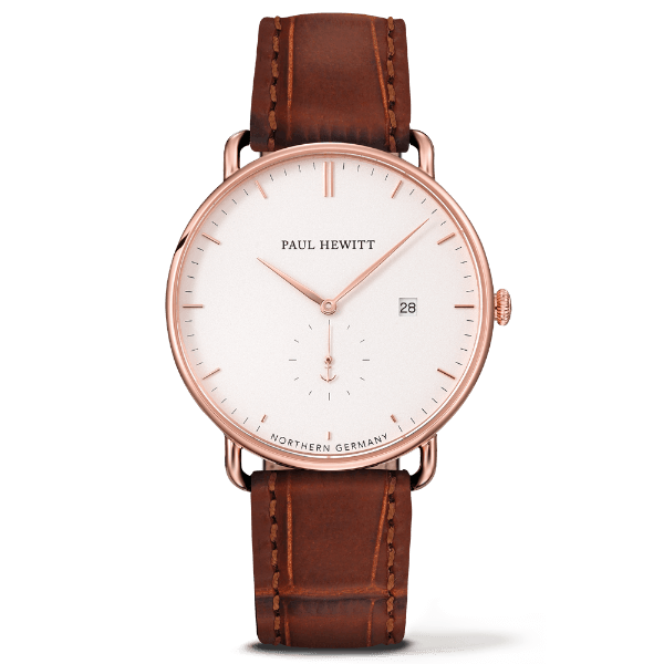 Montre Paul Hewitt Grand Atlantic Line White Sand IP Or Rosé Bracelet Cuir Imprimé Marron Foncé - PRECIOVS