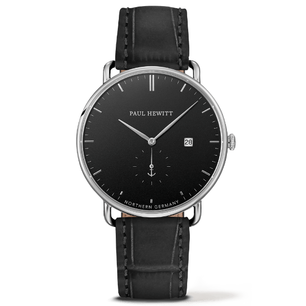 Montre Paul Hewitt Grand Atlantic Line Black Sea Acier Inoxydable Bracelet Cuir Imprimé Noir - PRECIOVS