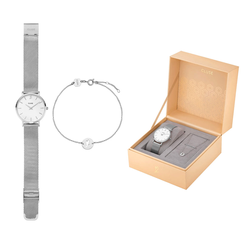 Coffret cadeau CLUSE Montre et Bracelet Minuit Heart Silver Mesh - PRECIOVS