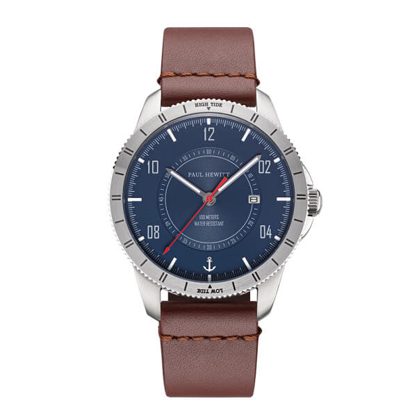 Montre Paul Hewitt Tide Runner Navy Blue Rot Silber Leder Mid Brown - PRECIOVS