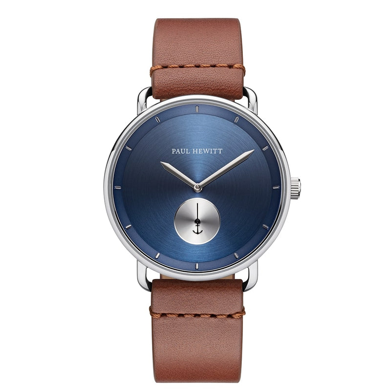 Montre Paul Hewitt Breakwater Line Navy Sunray Acier Inoxydable Bracelet Cuir Mid Brown - PRECIOVS