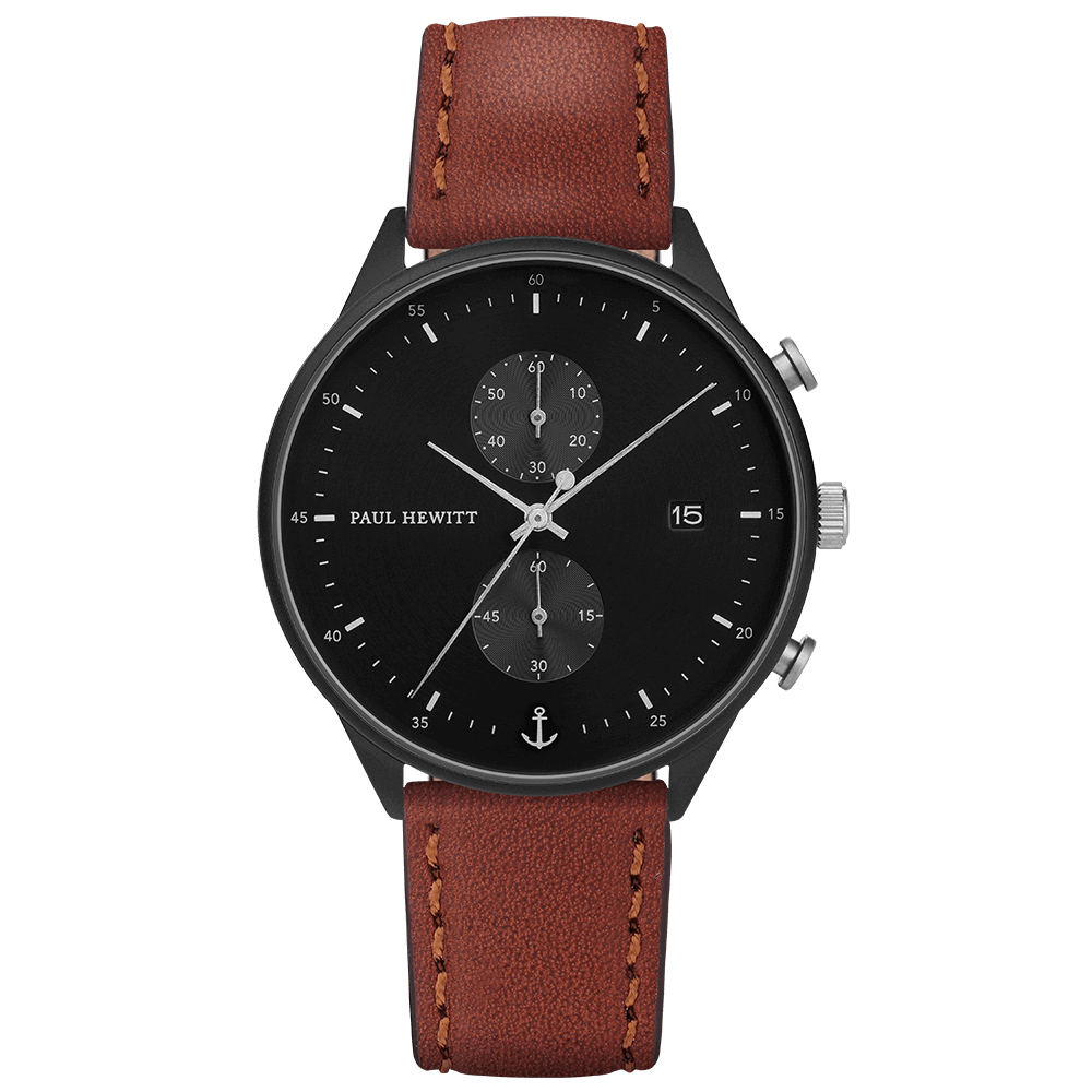 Montre Paul Hewitt Chrono Line Black Sunray IP Noir/Acier Inoxydable Bracelet Cuir Marron - PRECIOVS