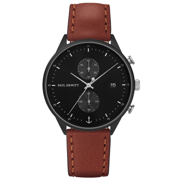 Montre Paul Hewitt Chrono Line Black Sunray IP Noir/Acier Inoxydable Bracelet Cuir Marron - PRECIOVS