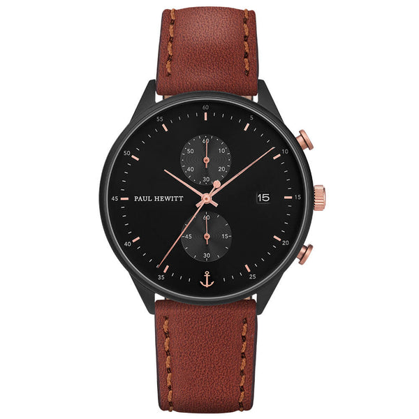 Montre Paul Hewitt Chrono Line Black Sunray IP Noir/Or Rosé Bracelet Cuir Marron - PRECIOVS