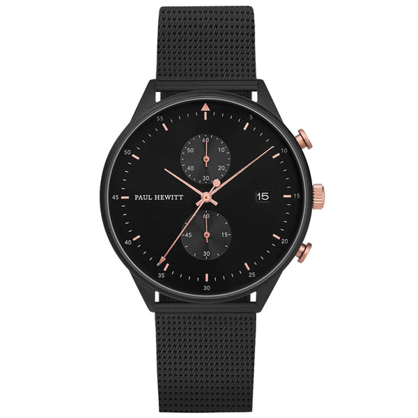 Montre Paul Hewitt Chrono Line Black Sunray IP Noir/Or Rosé Bande Métallique Noir - PRECIOVS