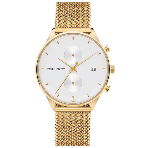 Montre Paul Hewitt Chrono Line White Sand IP Doré Bande Woven Mesh IP Doré - PRECIOVS