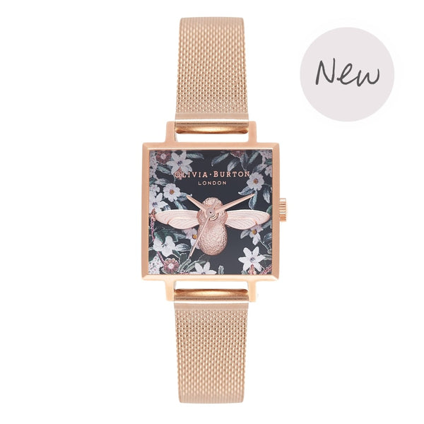 Montre Olivia Burton BEJEWELLED FLORALS SQUARE DIAL 3D BEE ROSE GOLD MESH OB16AM134 - PRECIOVS