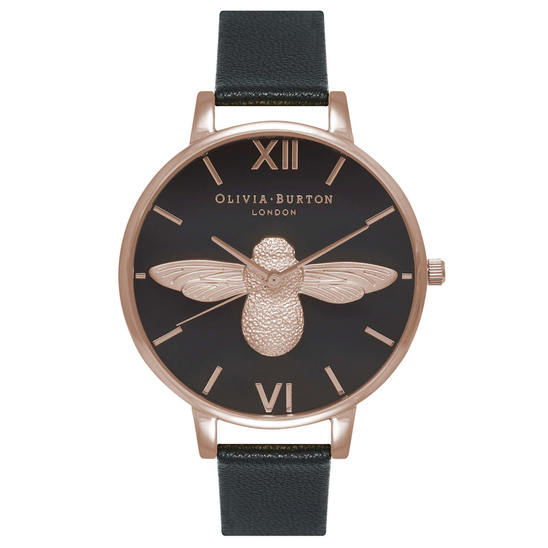 Montre Olivia Burton Big Dial Animal Motif Black Dial Moulded Bee & Rose Gold - PRECIOVS