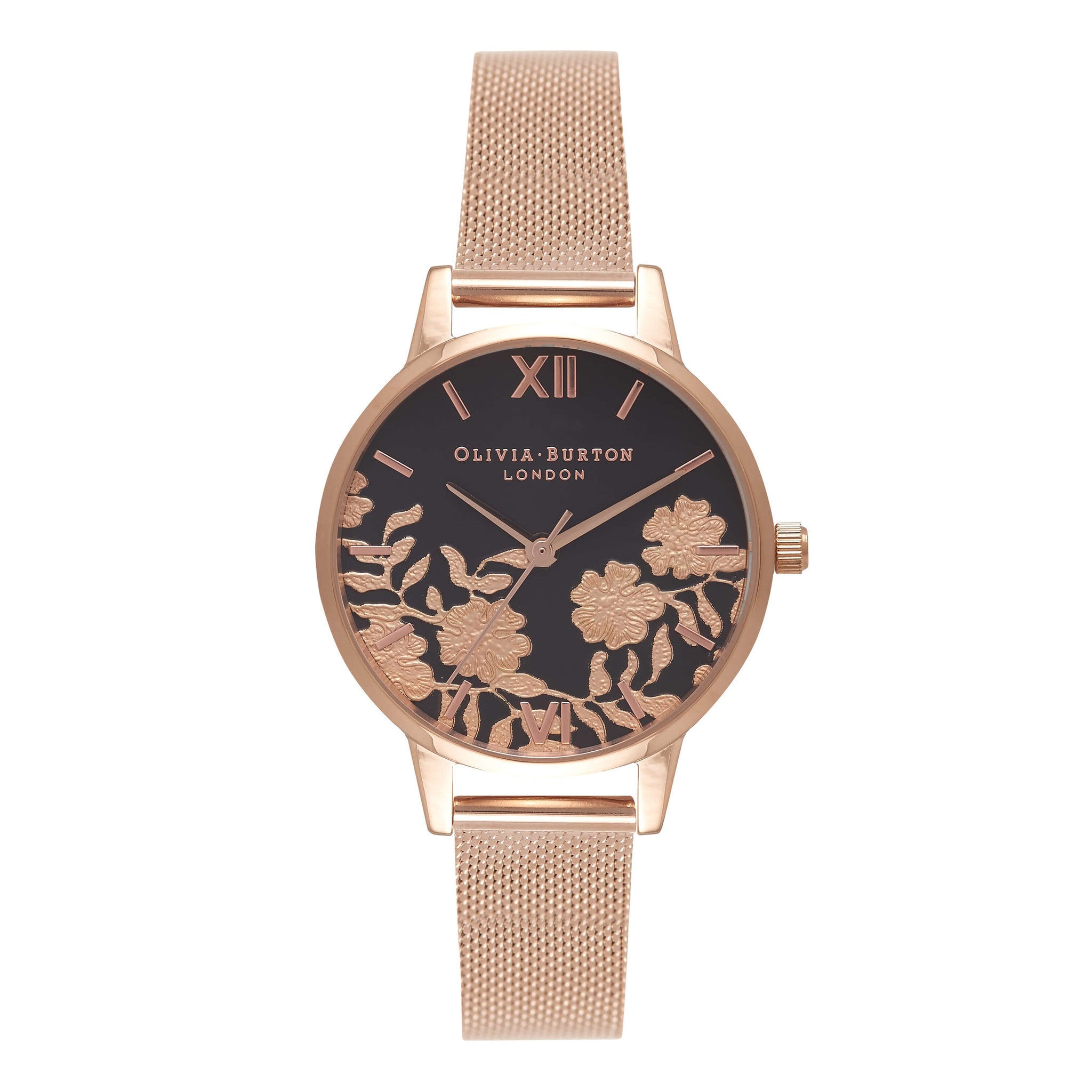 Montre Olivia Burton Midi Dial Lace Detail Black Dial & Rose Gold Midi Mesh - PRECIOVS