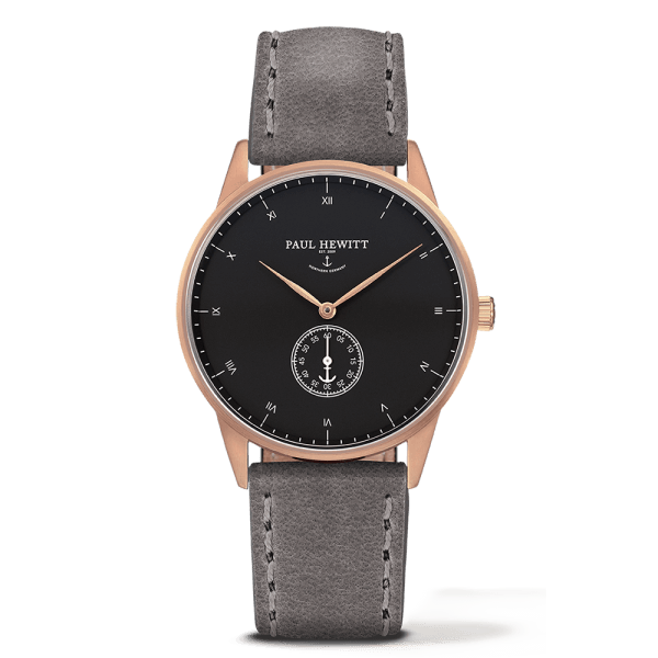 Montre Paul Hewitt Signature Line Black Sea IP Or Rosé Bracelet Cuir Gris PH-M1-R-B-13S - PRECIOVS