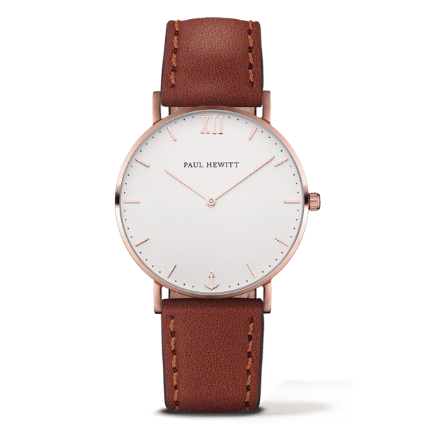 Montre Paul Hewitt Sailor Line White Sand IP Or Rosé Bracelet Cuir Marron Cadran 39mm PH-SA-R-St-W-1M - PRECIOVS