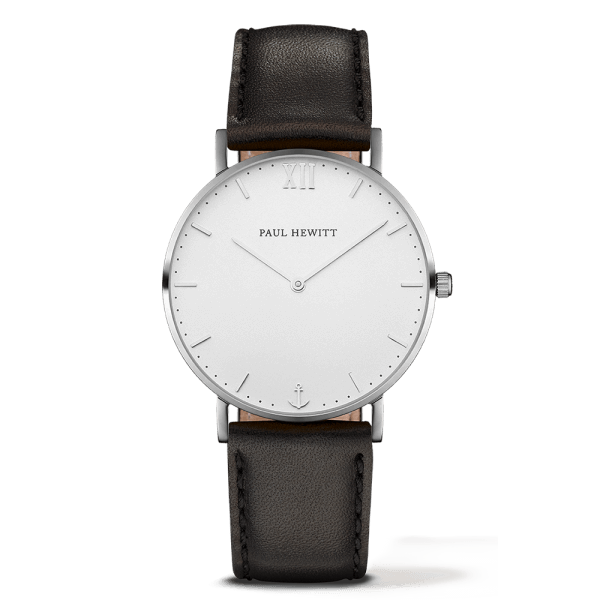 Montre Paul Hewitt Sailor Line White Sand Acier Inoxydable Bracelet Cuir Noir Cadran 39mm PH-SA-S-ST-W-2M - PRECIOVS