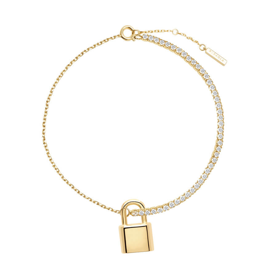 Bracelet PDPaola Bond argent plaqué or et pierres précieuses avec pendentif cadenas - PRECIOVS