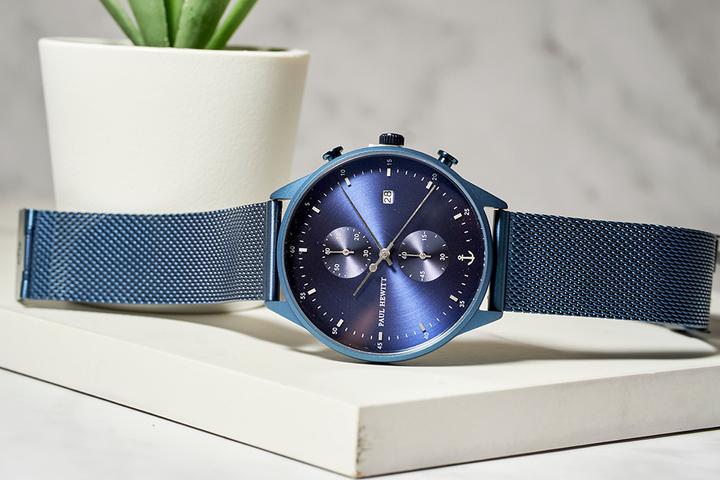 Montre Paul Hewitt Chrono Line Navy Sunray IP Acier Inoxydable Bande Métallique bleu marine - PRECIOVS