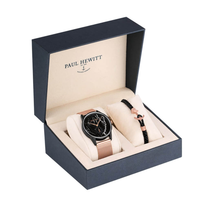 Coffret Paul Hewitt Perfect Match avec montre Signature Line Noir Marble et bracelet PHREP Lite IP Or Rosé Mat Noir - PRECIOVS