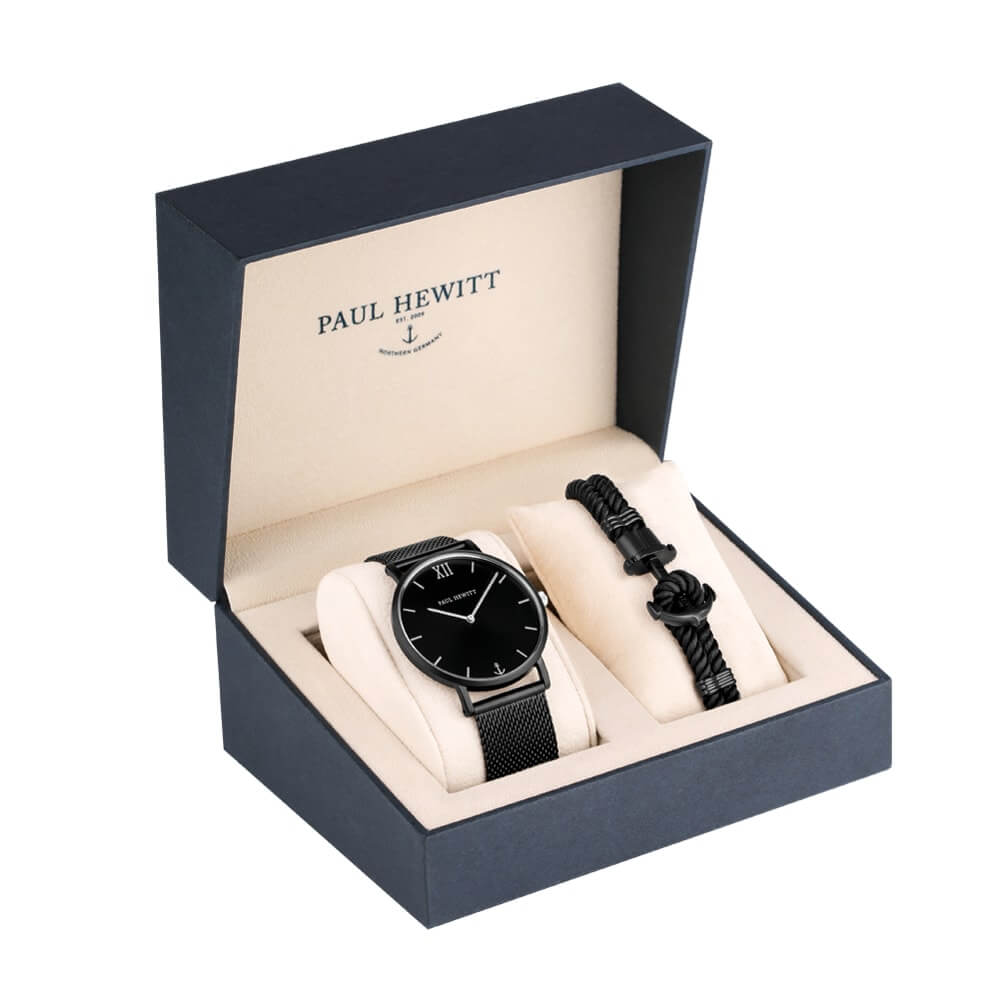 Coffret Paul Hewitt Perfect Match avec montre Noir Sunray Acier Inoxydable et bracelet PHREP IP Noir Noir - PRECIOVS