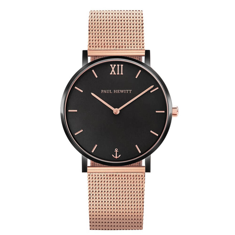 Montre Paul Hewitt Sailor Line Black Sunray IP Noir Or Ros Mesh