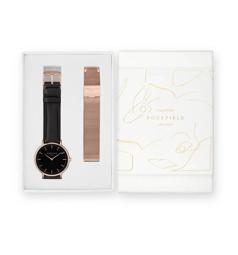 Coffret Rosefield THE BOWERY Noir Noir + bracelet à mailles Or Rose - PRECIOVS