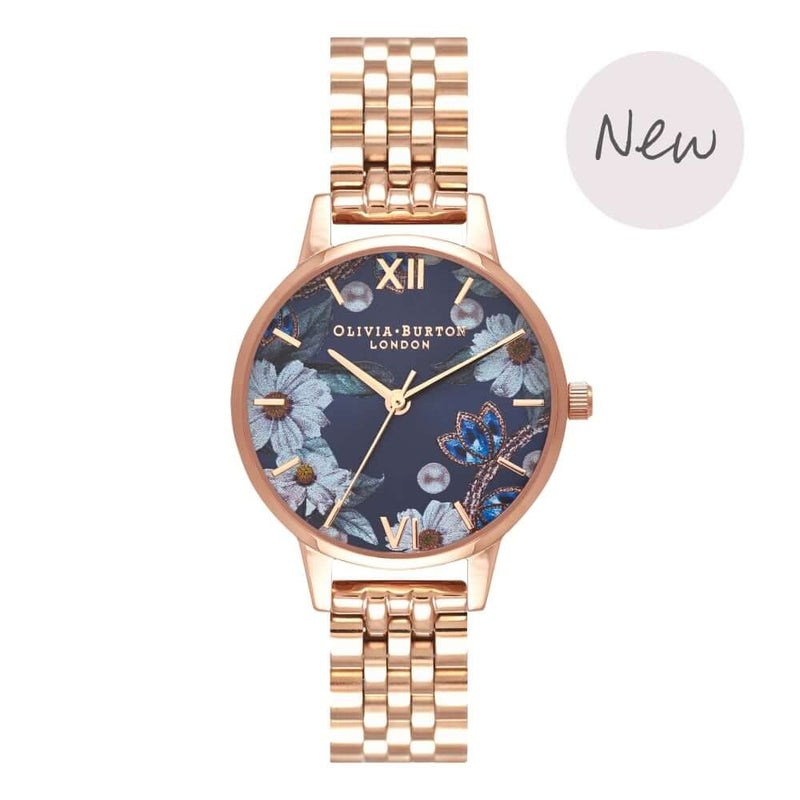 Montre Olivia Burton Bejewelled Florals Navy Sunray & Rose Gold Bracelet OB16BF17 - PRECIOVS