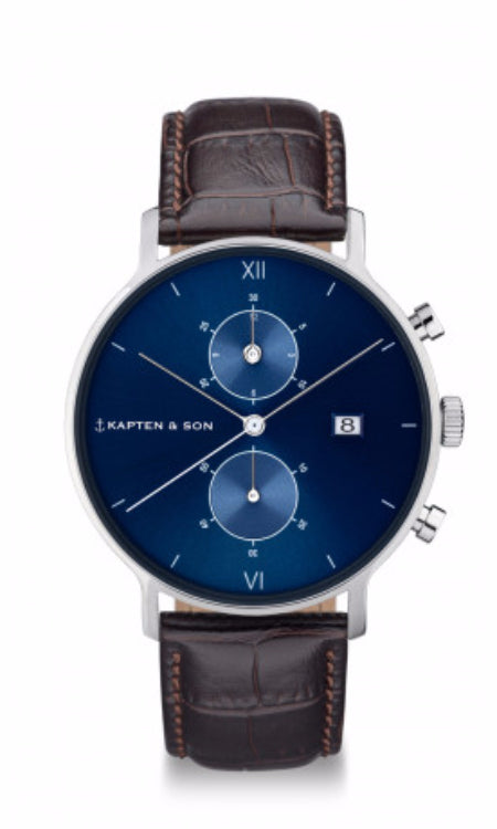 Montre Kapten & Son Chrono Silver Blue Dark Brown Croco Leather - PRECIOVS