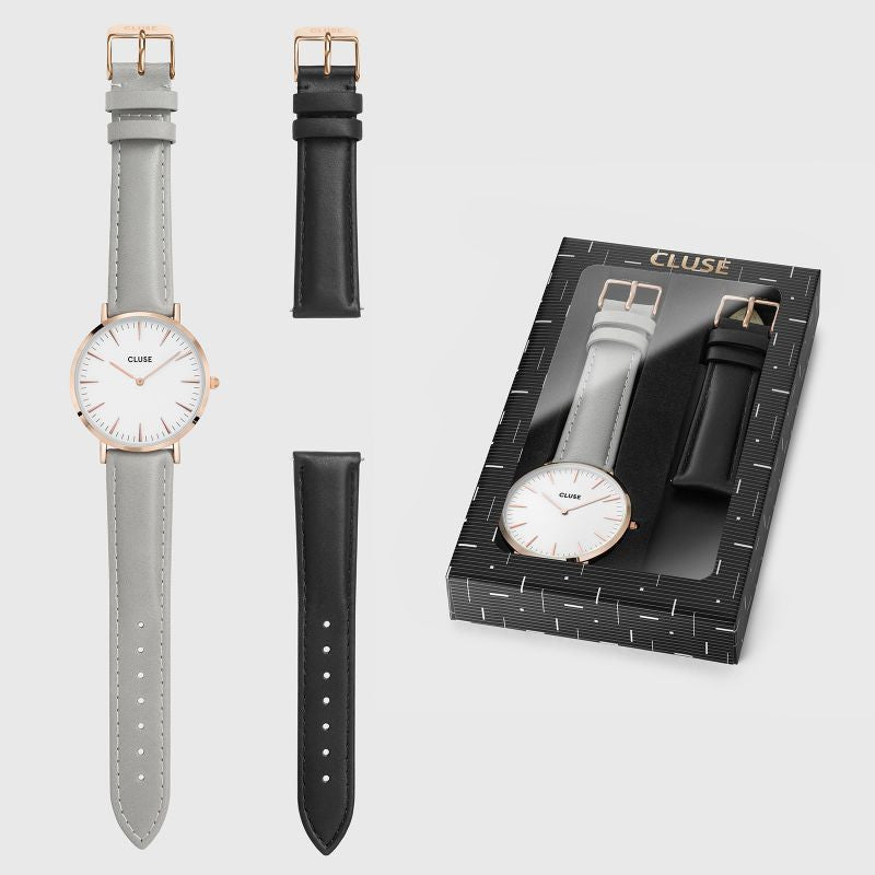 Coffret cadeau Montre CLUSE La Bohème Rose Gold/White avec bracelets Grey et Black - PRECIOVS