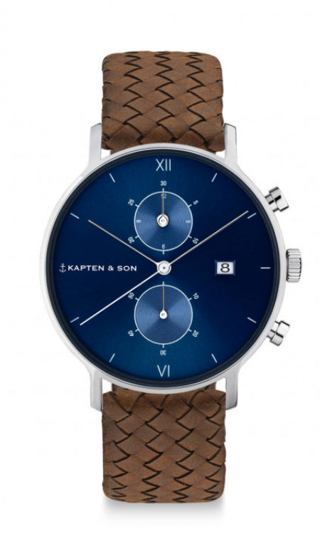 Montre Kapten & Son Chrono Silver Blue Brown Woven Leather - PRECIOVS