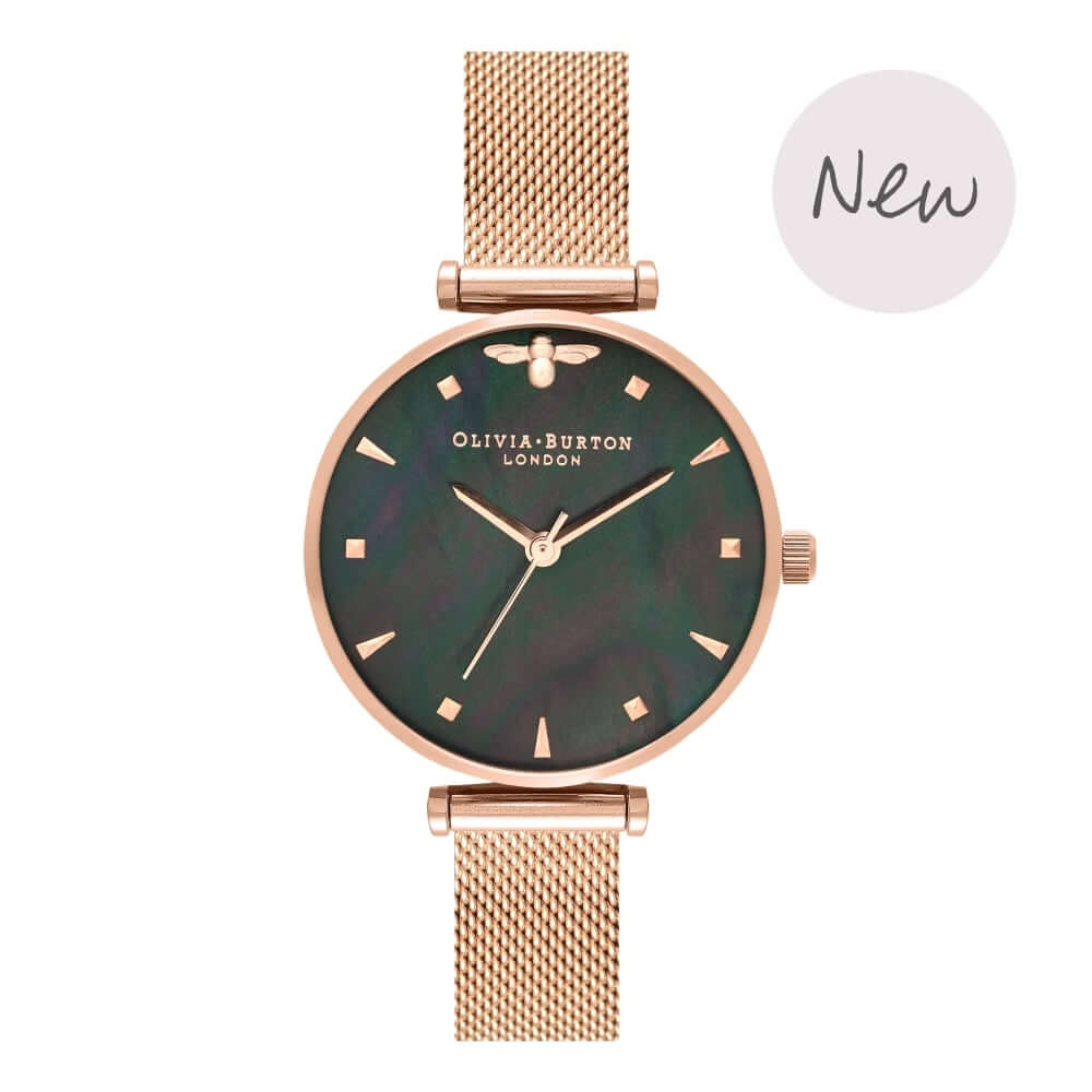 Montre Olivia Burton Queen Bee Black Mother of Pearl Rose Gold Mesh OB16AM145 - PRECIOVS